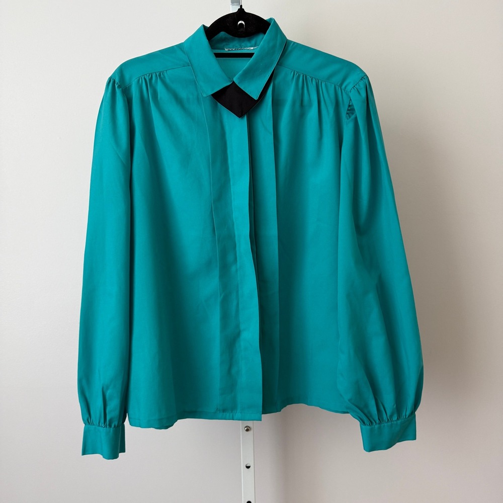 VTG L Teal Long Sleeve Blouse Black Collar 80s Secretary Academia Office Siren